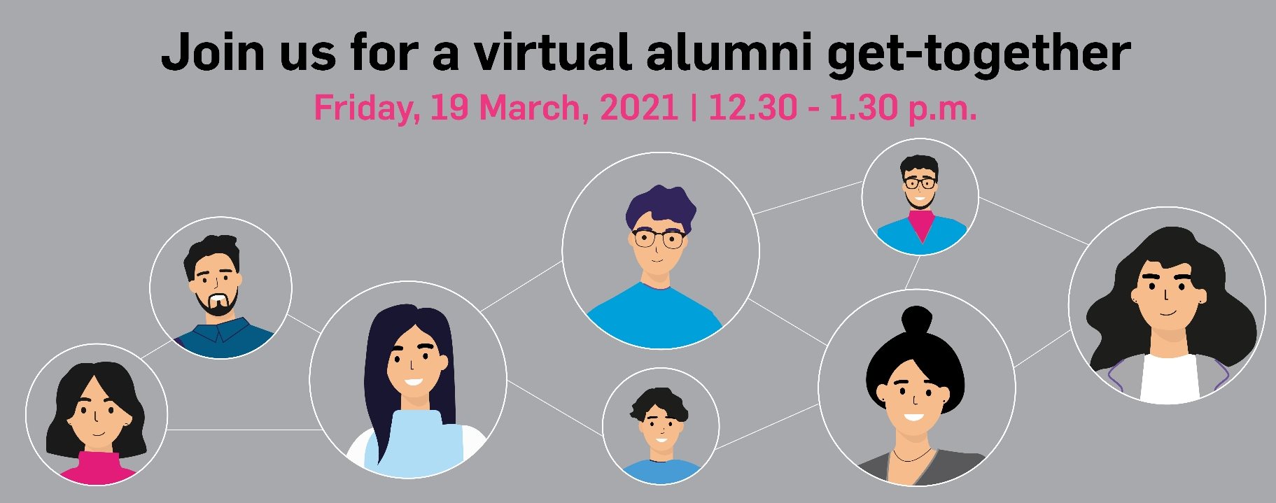 this is a poster for the virtual alumni event on Friday 19 March
