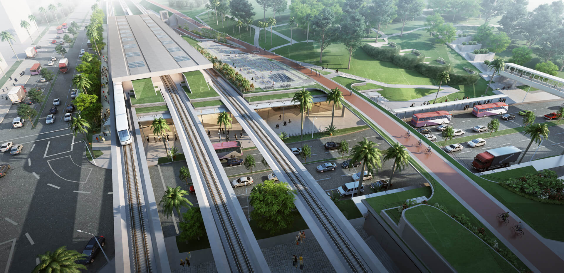 Aerial view of a modern elevated railway station with multiple train tracks, platforms, and green spaces. Surrounding the station are roads with cars, buses, cyclists, and palm trees, integrated into a well-planned urban landscape with parks and pedestrian walkways.A modern airport terminal with a unique curved roof design, surrounded by lush greenery and mountains in the background, with several airplanes parked at gates and ground vehicles nearby.