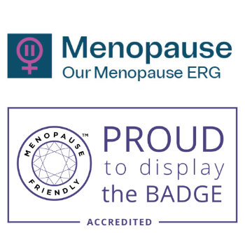 A logo with the text "Menopause Our Menopause ERG" and a badge that reads "MENOPAUSE FRIENDLY PROUD to display the BADGE ACCREDITED." The badge has a purple circular design and a female gender symbol.