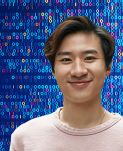 Smiling young man in front of a digital background with binary code representing technology.