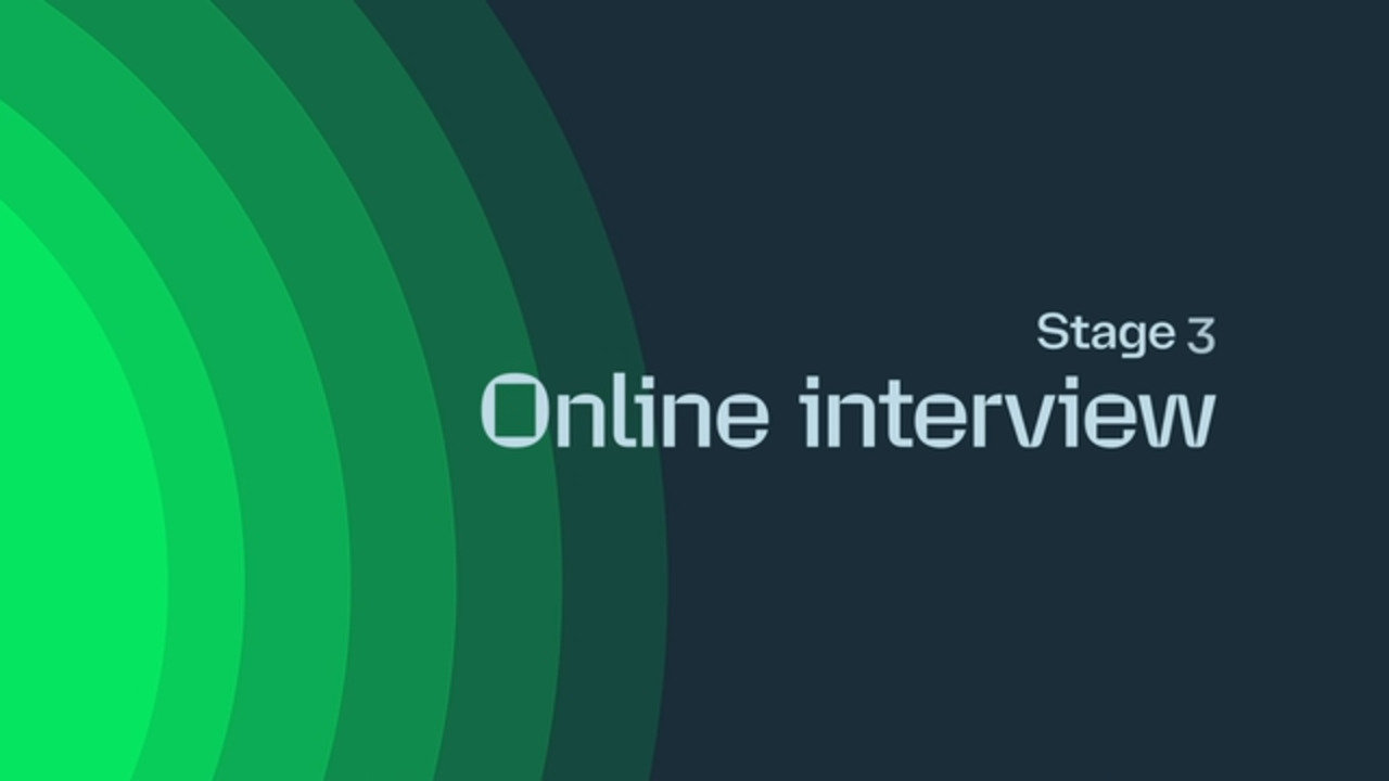 Stage 3: Online interview – white text on a dark background with green concentric circle design.