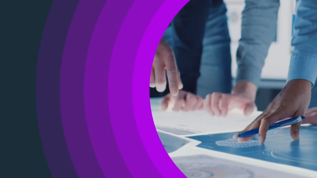 Close-up of professionals collaborating on a digital touchscreen table with data visuals, overlaid with purple and pink circular graphic elements on the left.