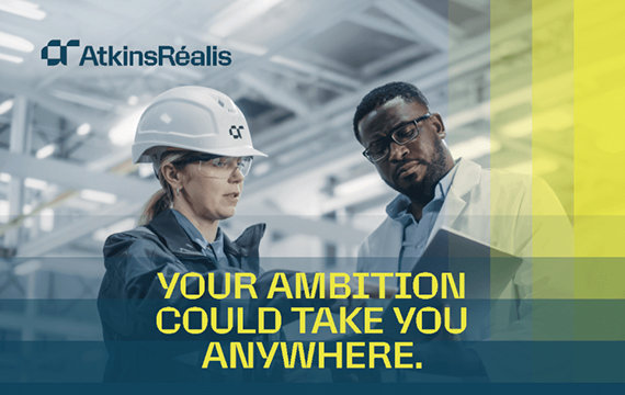 Two professionals discussing a project with text "Your ambition could take you anywhere" and AtkinsRéalis logo.
