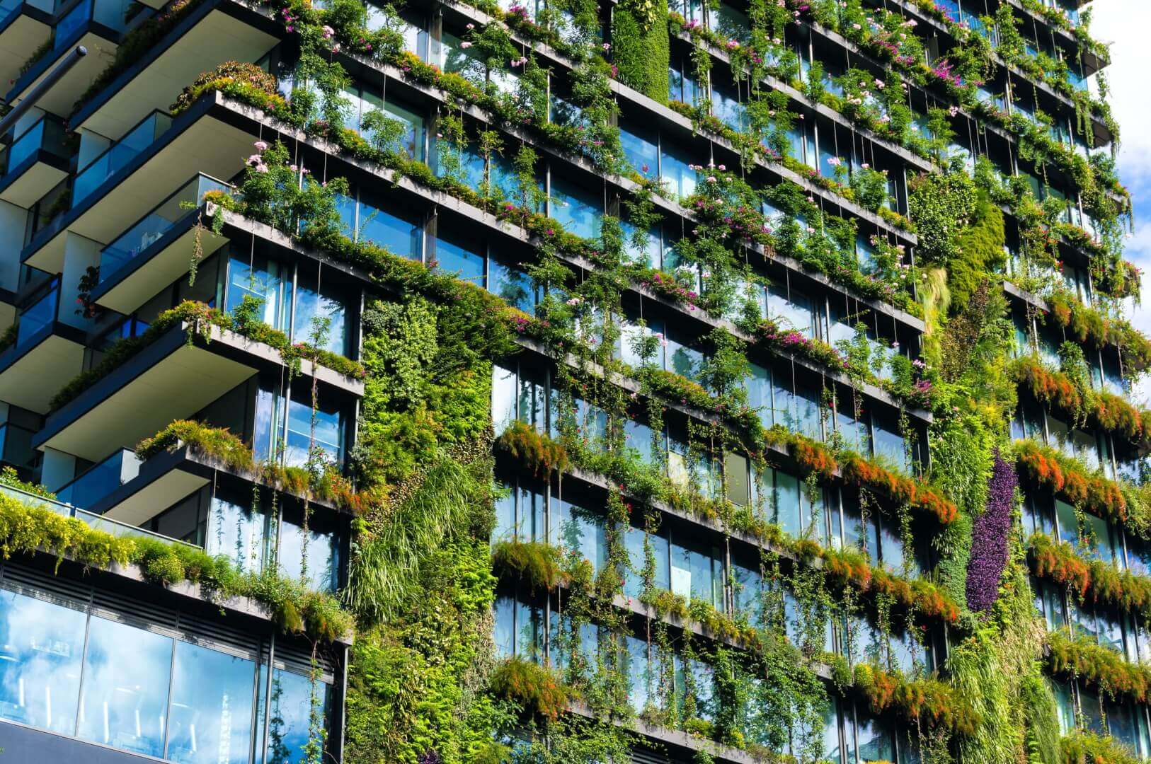 A modern building facade covered with lush vertical greenery and plants, featuring glass windows and balconies integrated with vegetation, showcasing sustainable and eco-friendly architecture.