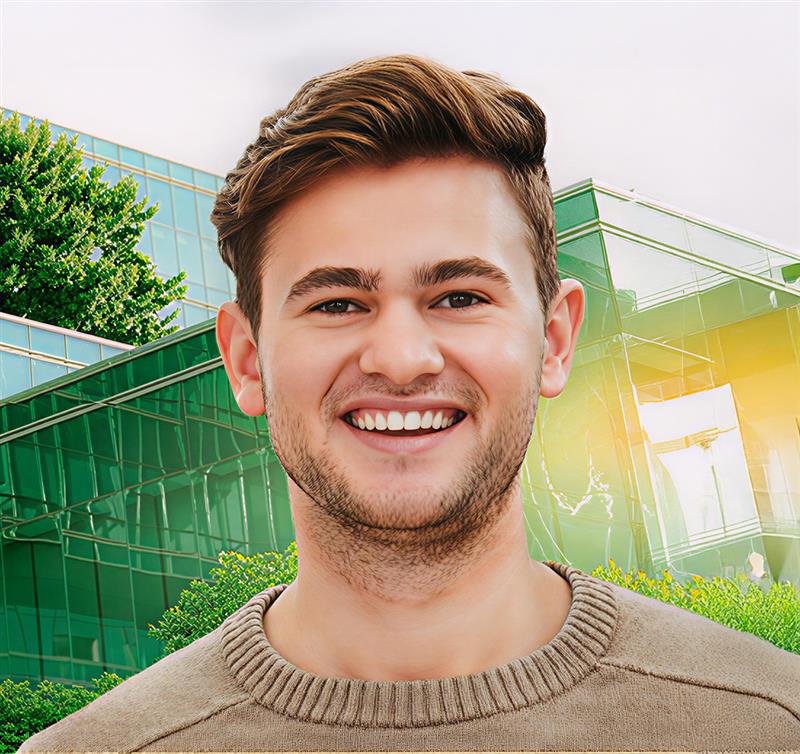 Smiling young man standing in front of an aerial view of a large, green highway interchange with a city skyline in the background