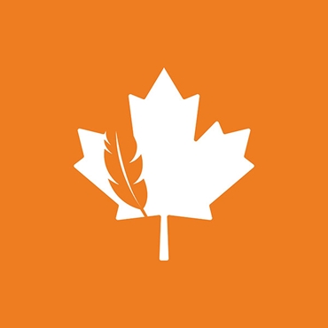 A white maple leaf with a feather silhouette cutout on an orange background.