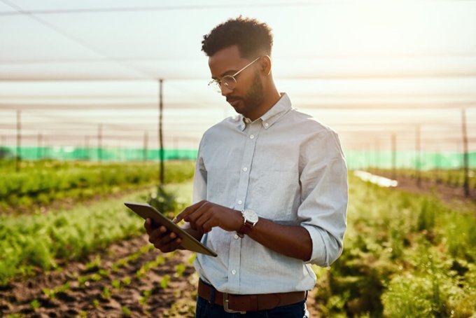 A man standing in a field using a digital tablet, wearing a light shirt and glasses, with sunlight shining in the background.