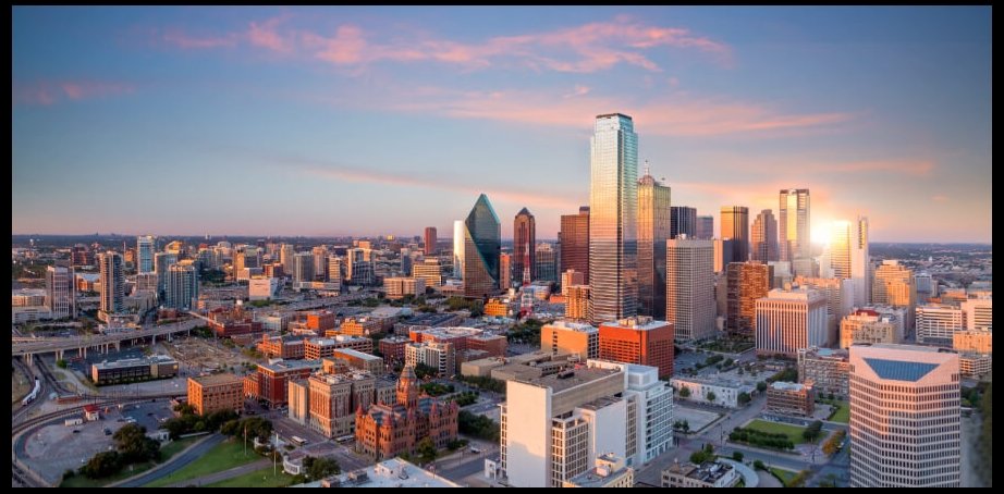 Dallas, Texas cityscape with blue sky at sunset, Texas
