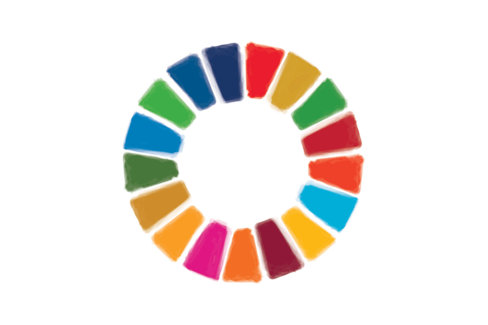 Colorful circular wheel of painted segments representing the United Nations Sustainable Development Goals.