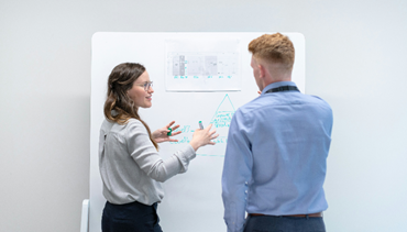 Two employees having a discussion over what's displayed on a white board