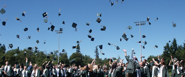 Students throwing their grad hats up in the air